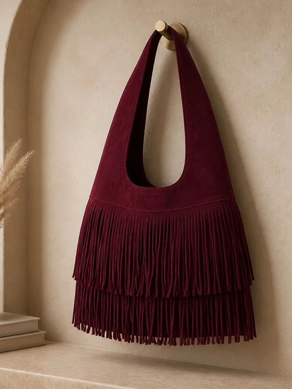 Fringed Suede Hobo Bag in Burgundy